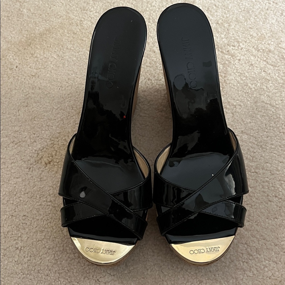 Jimmy Choo Glossy Black and Gold Sandals